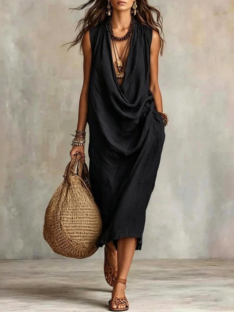 2026 Women's Casual Sleeveless Loose Swing Neck Cotton Linen Holiday Dress