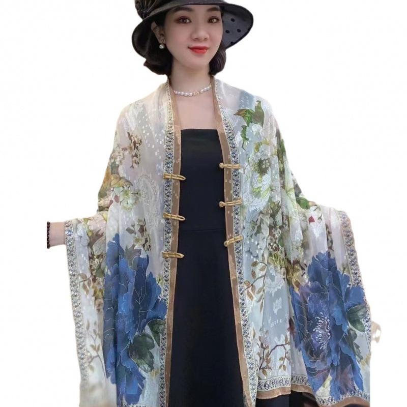 Xin Sai Qi Chinese Frog Button Cutout Shawl Fashionable Silk Scarf for Travel and Photography