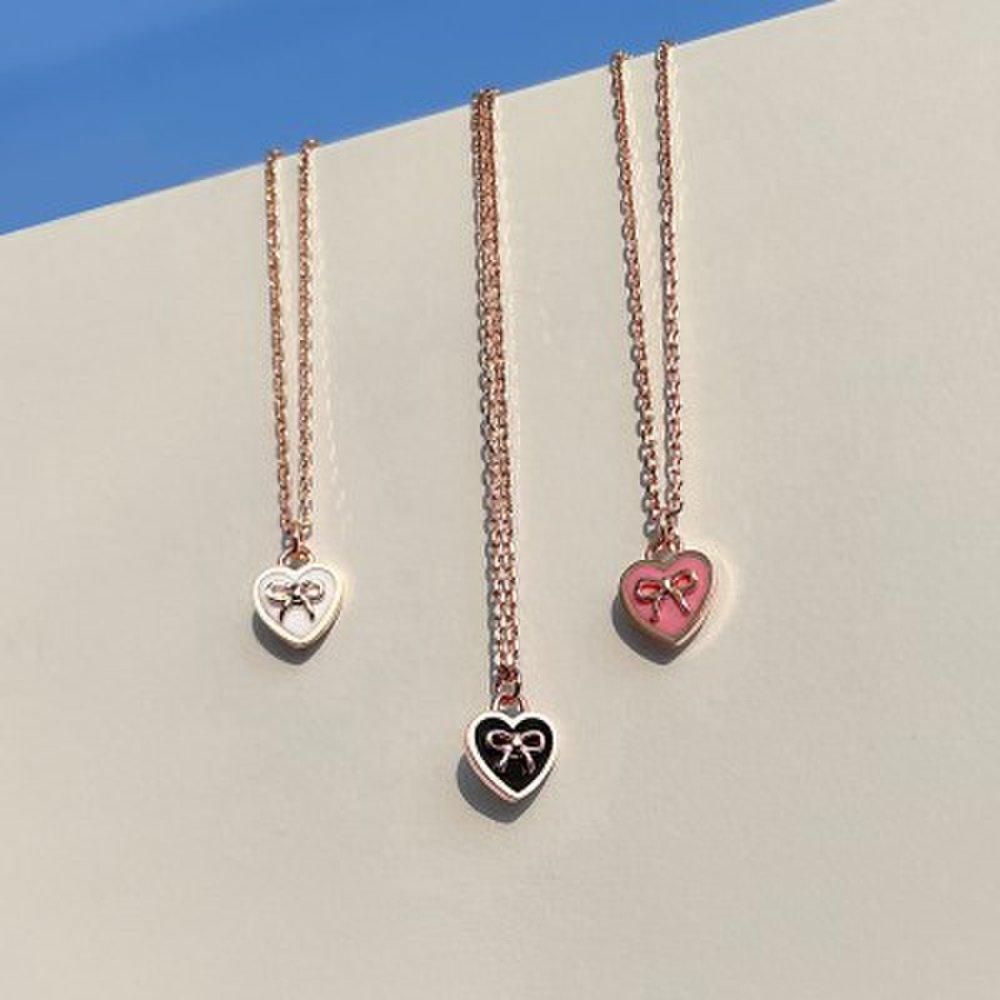 

925 Silver Mini Lovely Sha Ribbon Heart Epoxy Thread Chain Silver Necklace black