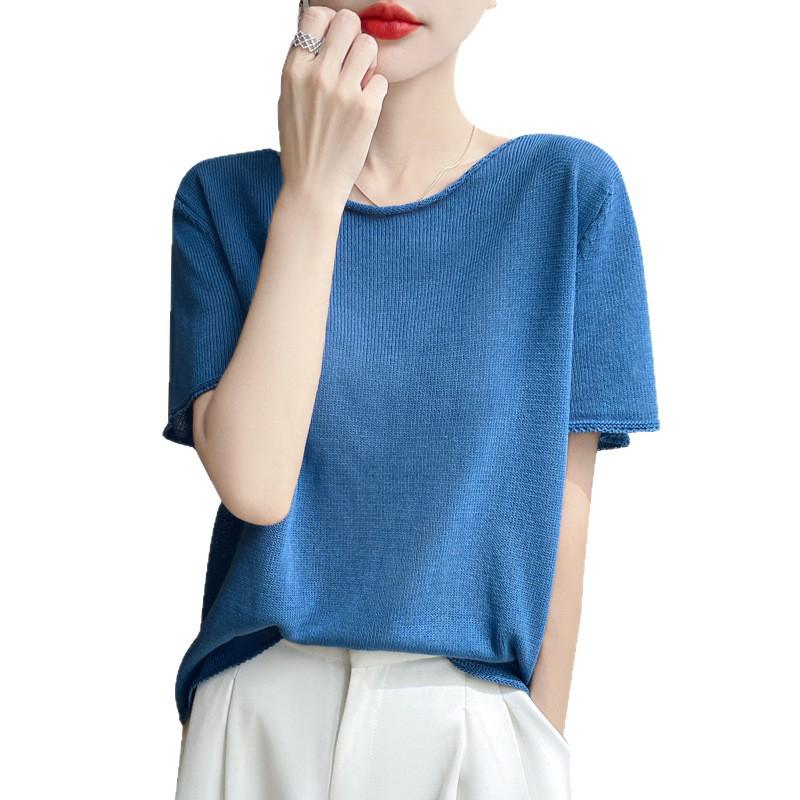 

Летний женский новый стиль Quzhu ледяной шелк с коротким рукавом женский вязаный свитер футболка женский с круглым вырезом жилет XL