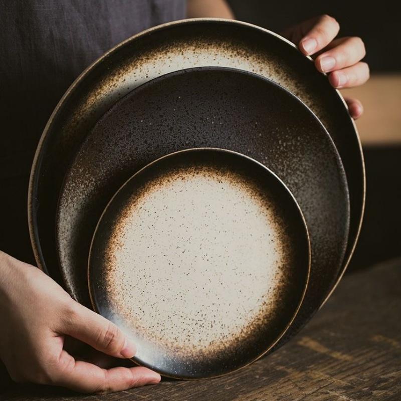 Multifunction Black Ellipse Circle Dinner Plate Under-Glazed Ceramic Dessert Tray Steak Pasta Dish Dinnerware Microwave Safe