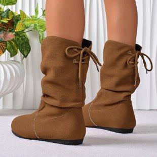 Ein-Schritt-Damen-Nude-Stiefel Modisch Und Lässig Stapelabsatz Elastisch Flach Niedrigschaft Damenstiefel Plissiert Einfarbig Runde Spitze