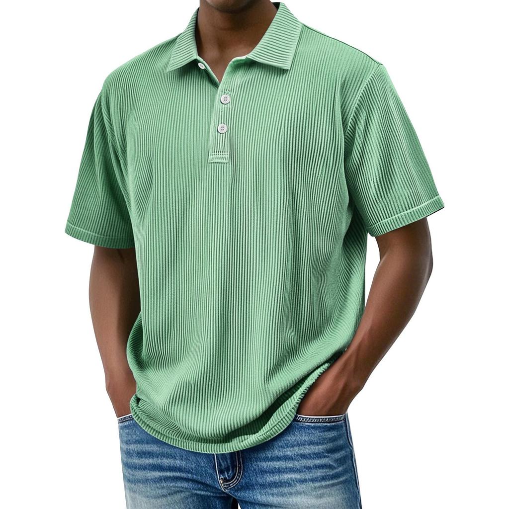 Pánské letní jednobarevné pruhované texturované volné tričko s krátkým rukávem a knoflíkovým límečkem