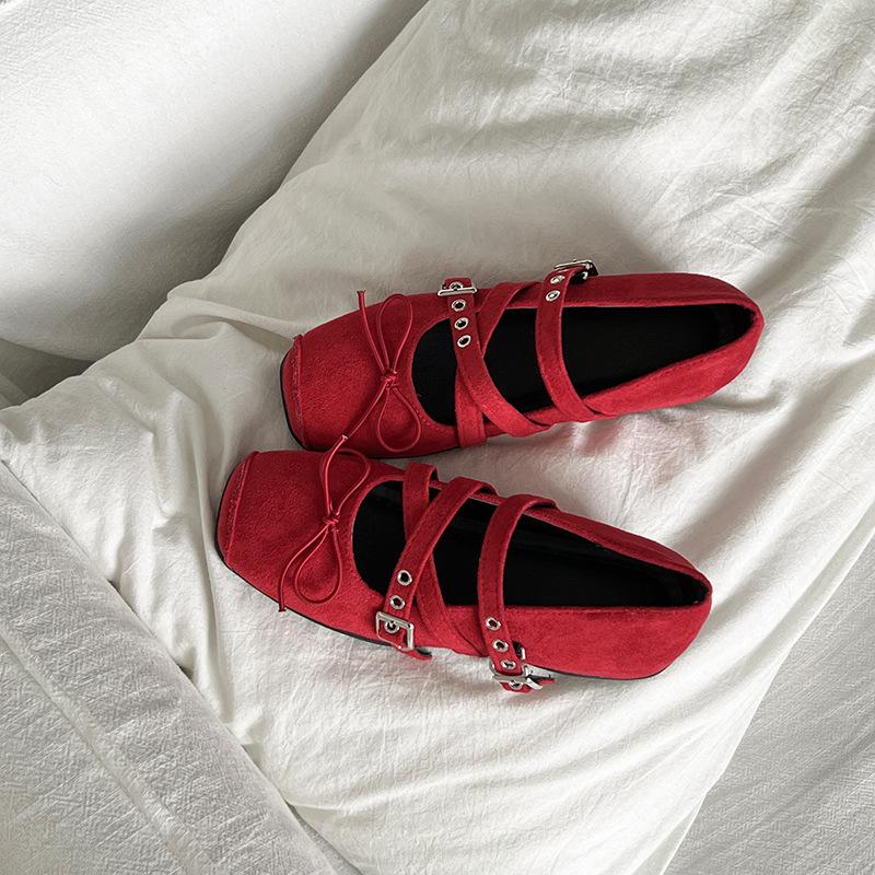 French Women's Ballet Shoes Summer New Retro Bow Inner Height Increase Single Shoes Cross Strap Mary Jane Shoes