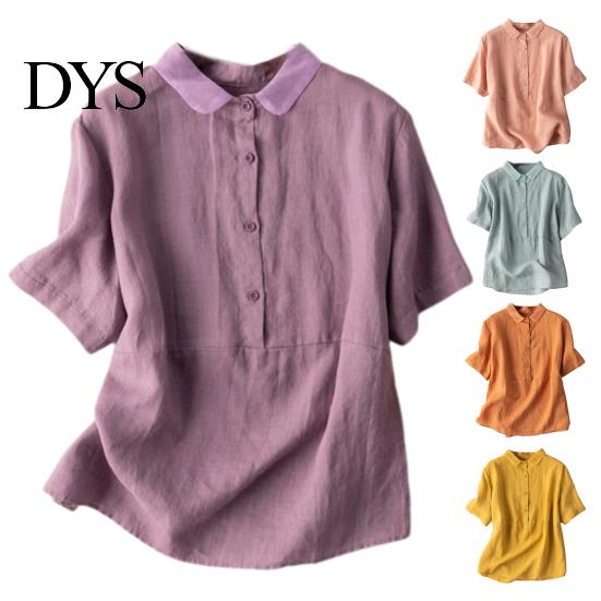 Women Shirt Casual Doll Collar Buttons Half Placket Short Blouse Sleeve Single Breasted Solid Color Loose Fit