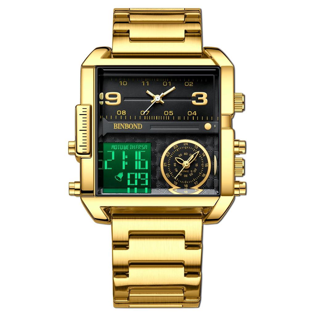 Binbang Fashion Men's Domineering Quartz Watch with Large Square Dial and Triple Display