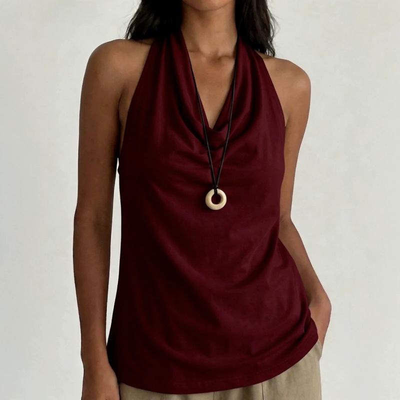 Summer Solid Color Halter Neck Tank Top with Open Back and V-Neck for Women