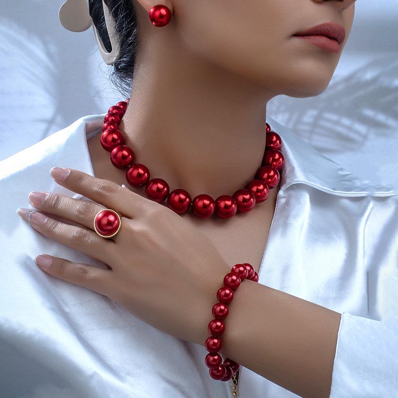 Elegant Faux Pearl Jewelry Set: Necklace, Bracelet, Ring & Earrings for Women