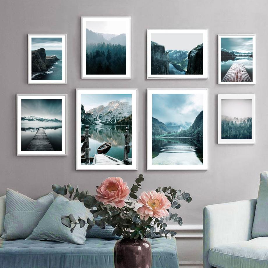 Naturlandskapsmålning Sjö Snöberg Canvas Poster Nordisk Stil Konsttryck Skog Brygga Citat Väggdekoration Bild