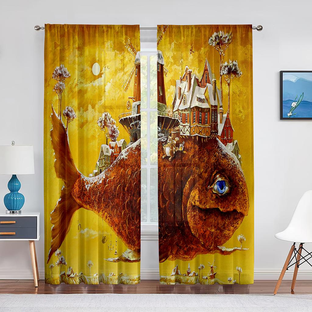 Goldfish Koi Fish Ink Painting Leaves Tulle Curtains for Living Room Bedroom Decor Chiffon Sheer Voile Kitchen Window Curtain