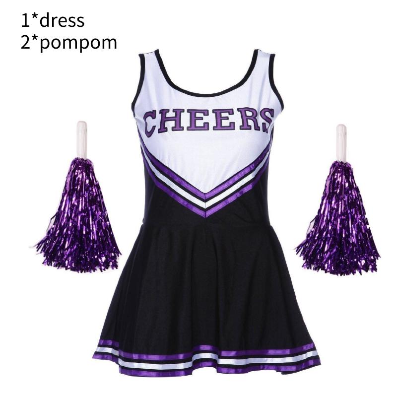 Fancy Dress Cheerleader Outfit Uniform Cosplay Costume With Pom Poms High School