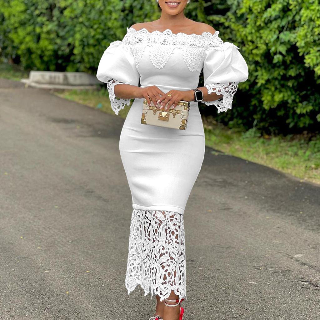 Abiti Scollati Donna Eleganti Maniche a Lanterna Patchwork di Pizzo Tubino Pacchetto Fianchi Lunghezza Caviglia Vestito di Compleanno