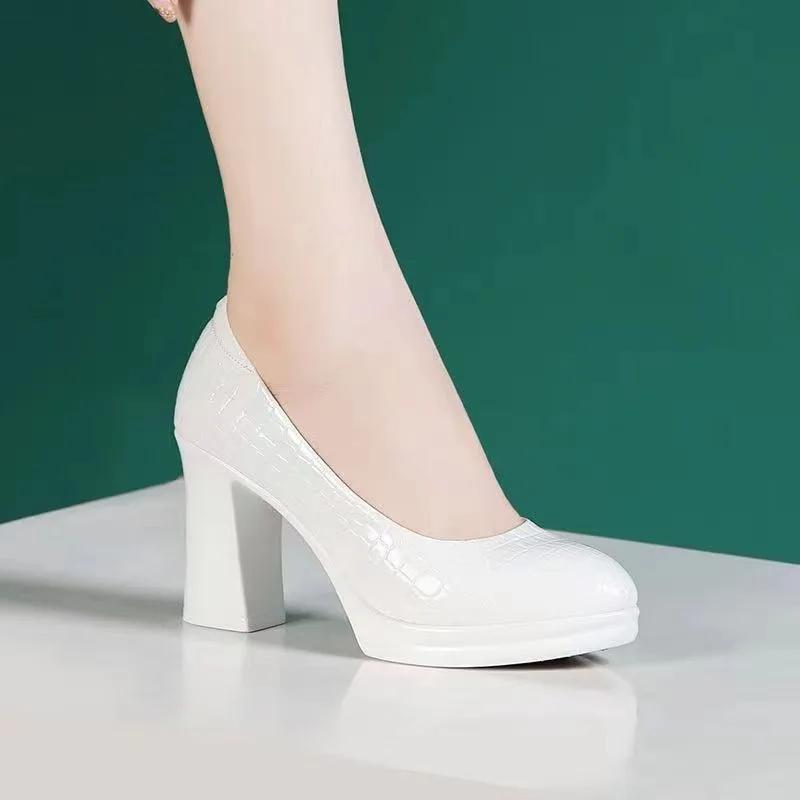 Fashion 2025 Sapatos Femininas Women Fashion Round Toe Black Plaid Pattern Slip On Chick High Heel Shoes Lady Casual White Work Pumps