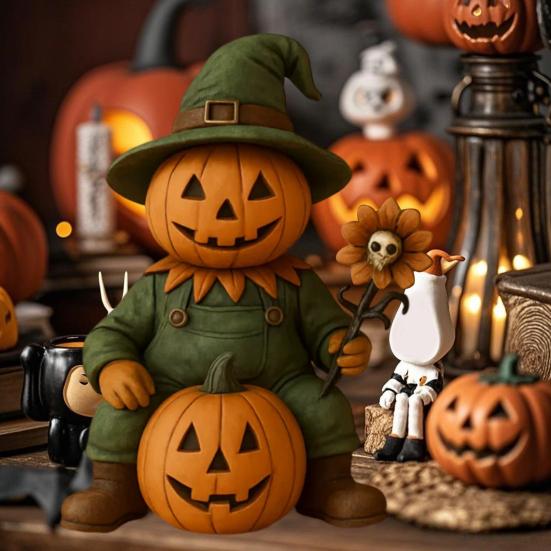 Pumpkin Man Figurine Scary Halloween Pumpkin Head Scarecrow Statue with Skull Sunflower Mini Desktop Ornament for Indoor Tabletop Mantel