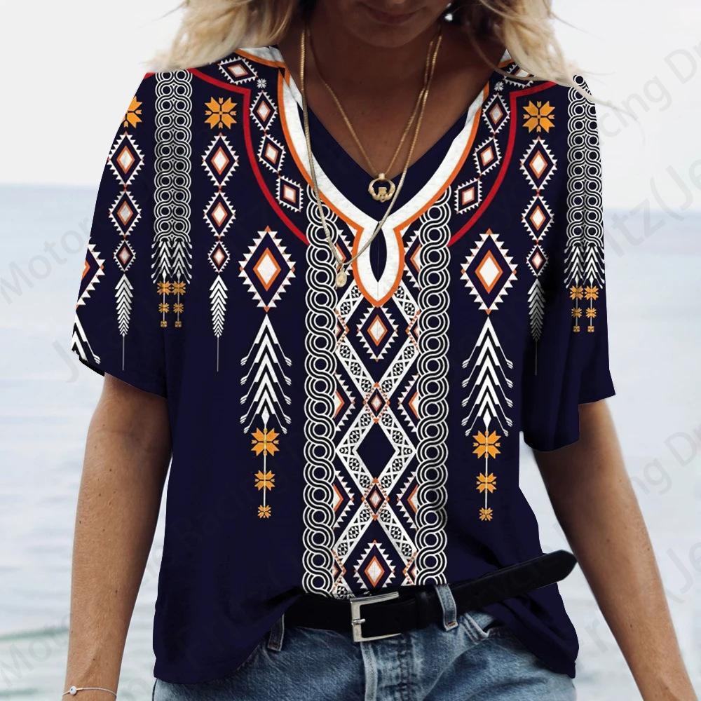 Women's T Shirt Vintage 3d Print T-shirt Women Fashion Casual V-Neck Short Sleeve Tops Tees Ethnic T Shirt Geometric Camisetas