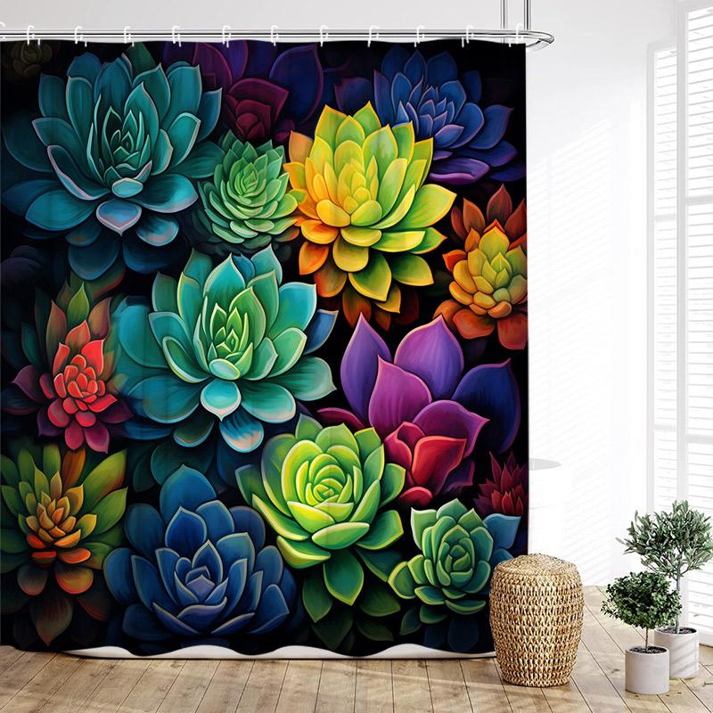 Colourful Tropical Plants Shower Curtains Desert Cactus Monstera Bonsai Leaves Bath Curtain Set Fabric Bathroom Decor with Hooks