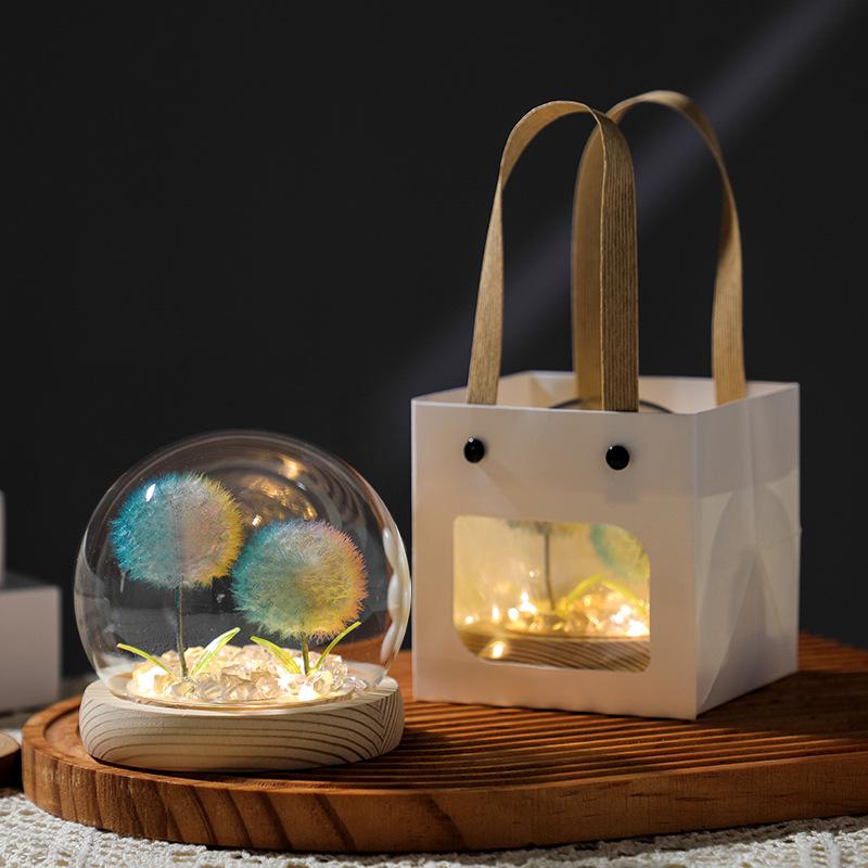 Luminous Dandelion Preserved Flower Bouquet Night Light in Glass Dome - Birthday Gift for Girls or Girlfriend