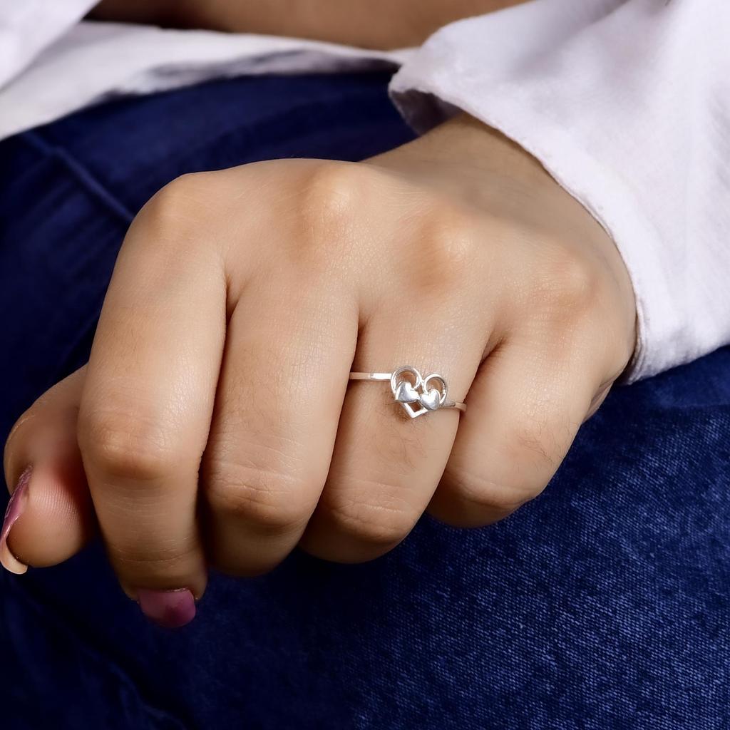 Double Heart Silver Ring, 925 Sterling Silver Minimalist Love Ring, Open Heart Design Dainty Ring Gift for Her.