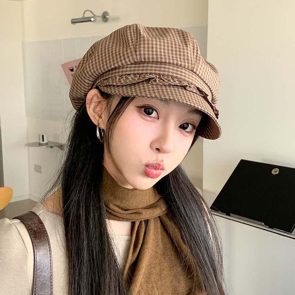 Solid Color Fine Plaid Beret Korean Style Spring Painter Cap Casual Ruffle Octagonal Hat Ladies