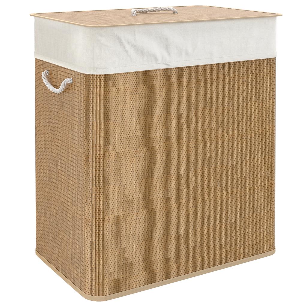 2 Section Laundry Basket with Lid, 100L Bamboo Laundry Hamper with Handles, Removable and Washable Liner, Brown
