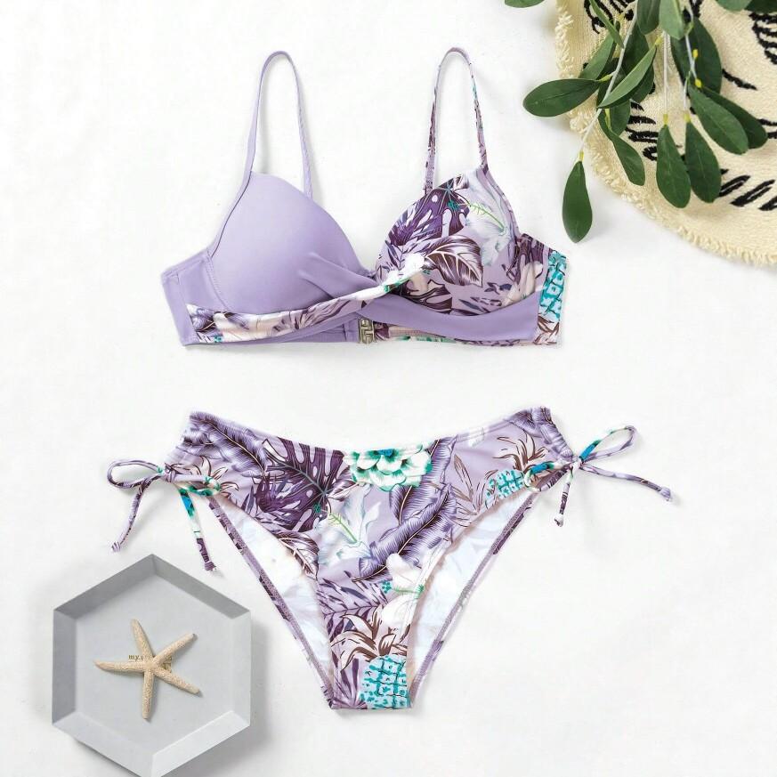 New printed split bikini sexy strap swimsuit ins wind pure desire beach swimsuit