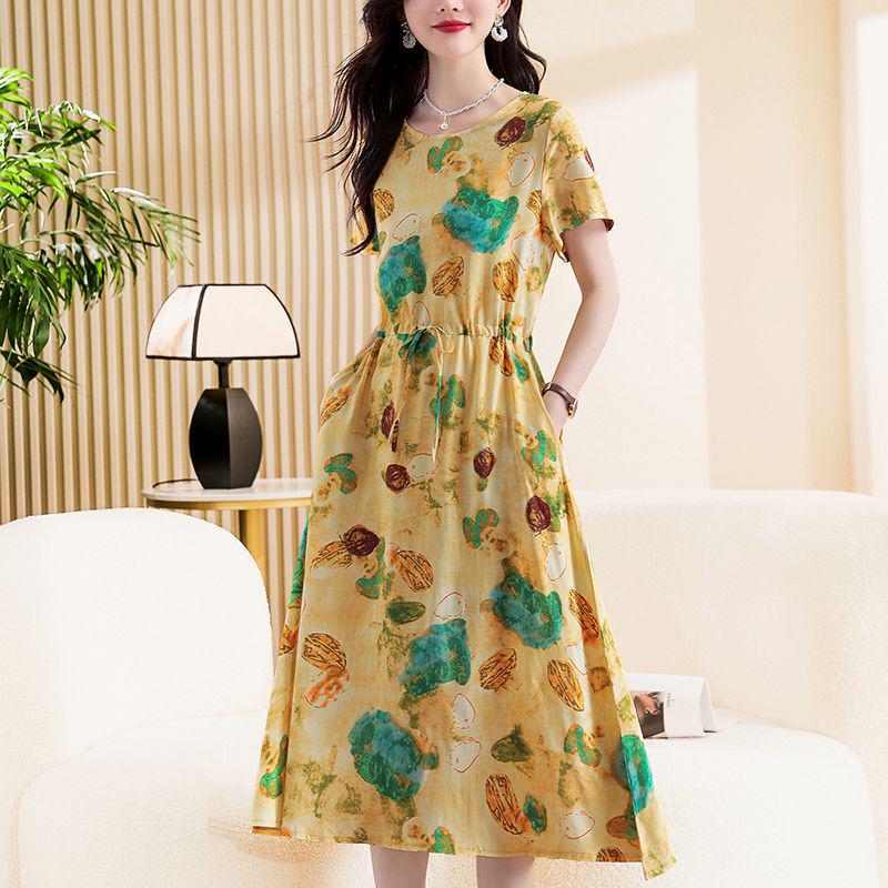 Elegant Plus Size Cotton Silk Knee-Length Dress with Waist Cinch for Middle-Aged Women