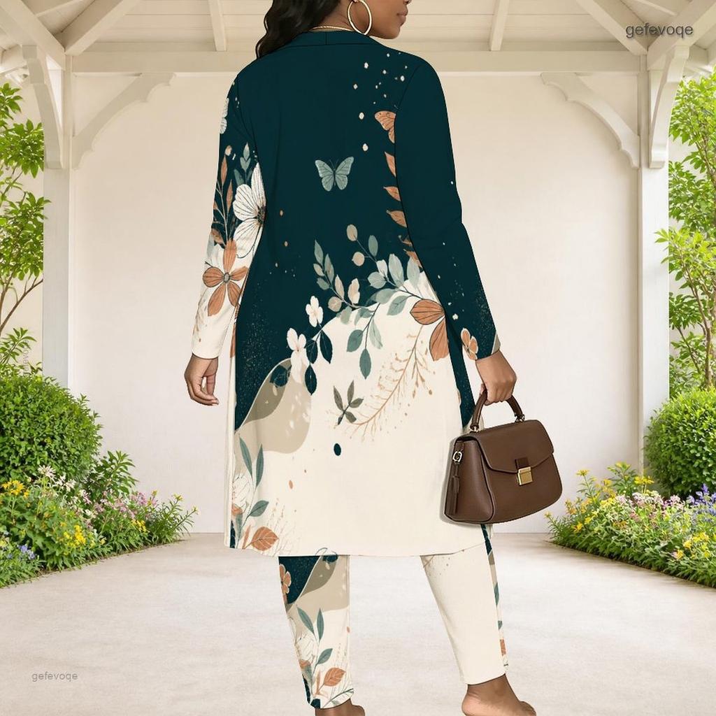 Women Plus Size Butterfly Printed Three Piece Set Long Sleeve Open Front Cardigan Crop Top Long Pants