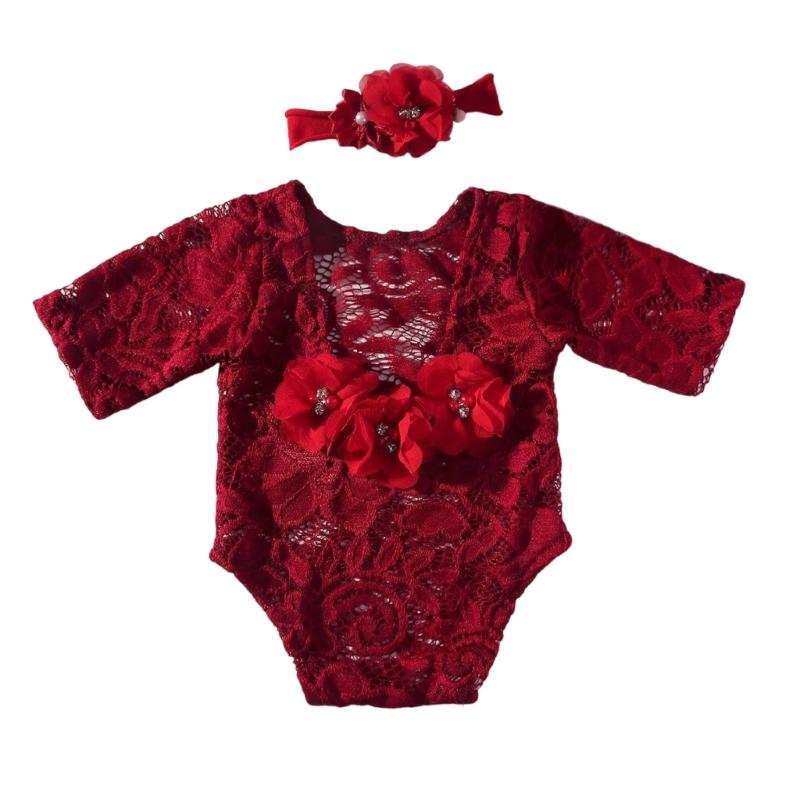 Lace Romper and Hairband Set for Baby Photography Newborn Photo Clothing Photoshooting Jumpsuit Infant Photo Accessory