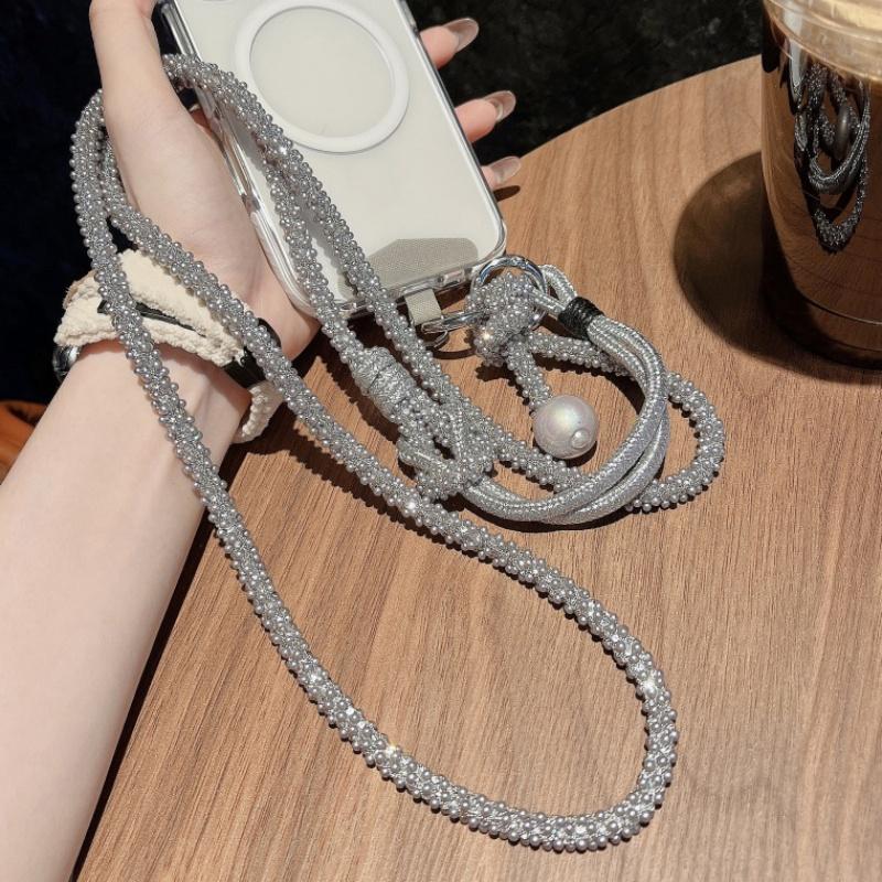 New Sparkle Rhinestone Bead Phone Strap Charm Long Chain Knot Cellphone Lanyard Keychain Bag Camera Diagonal Hanging Rope