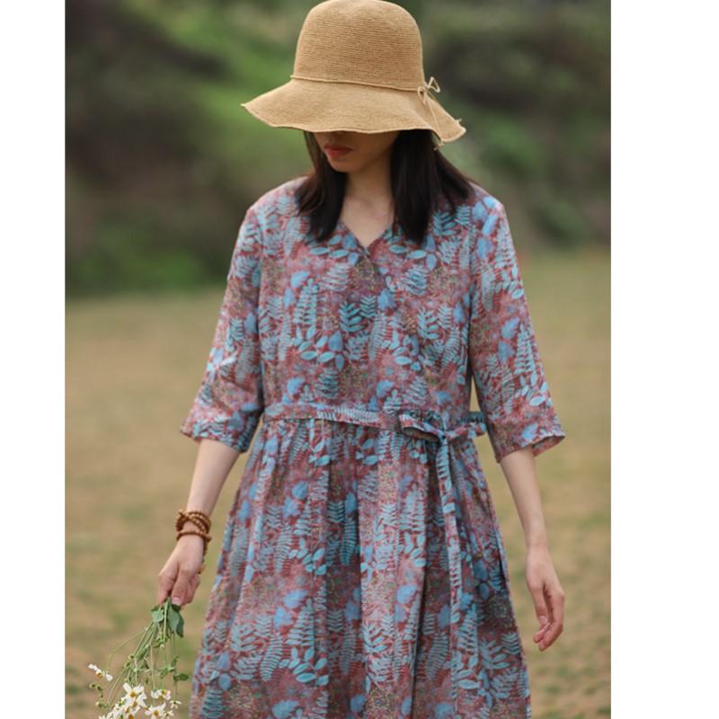 Johnature Woman Spring V-Neck Half Sleeve Casual Vintage Dress Chinese Style Casual Retro Dress