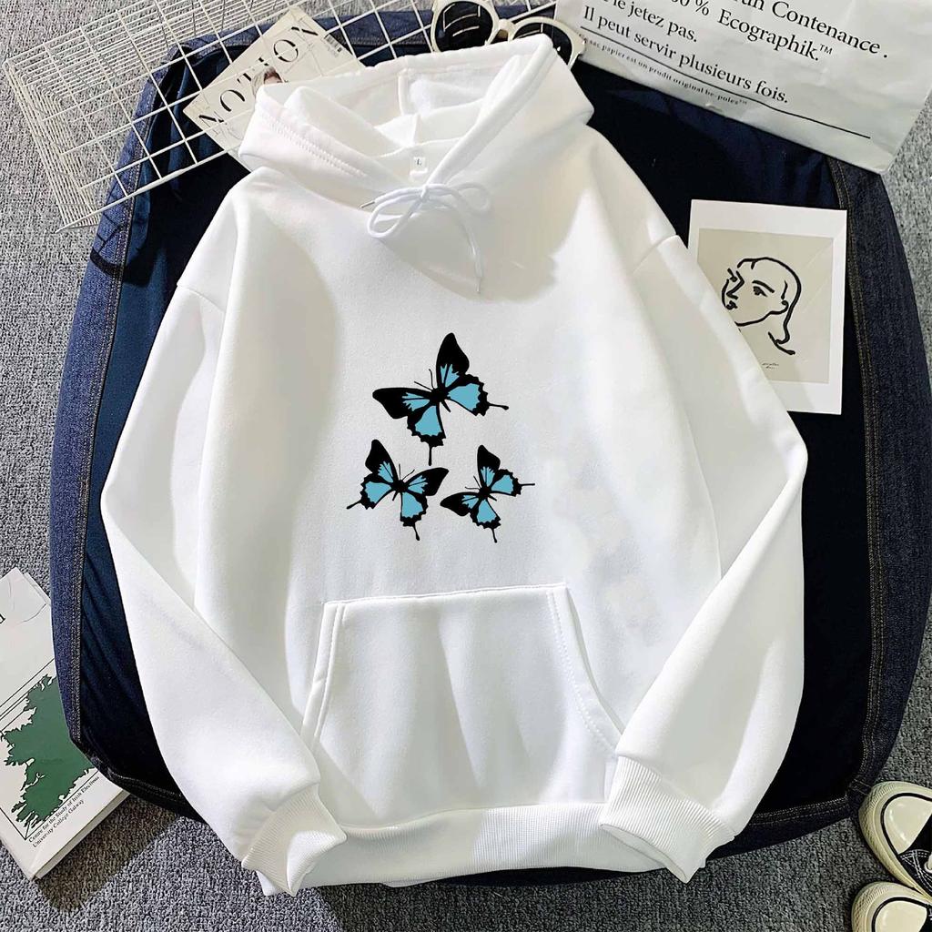 Autumn and Winter Black and Blue Butterfly Print Hoodie Sweatshirt for Men and Women Couples Korean Style Trendy Tops
