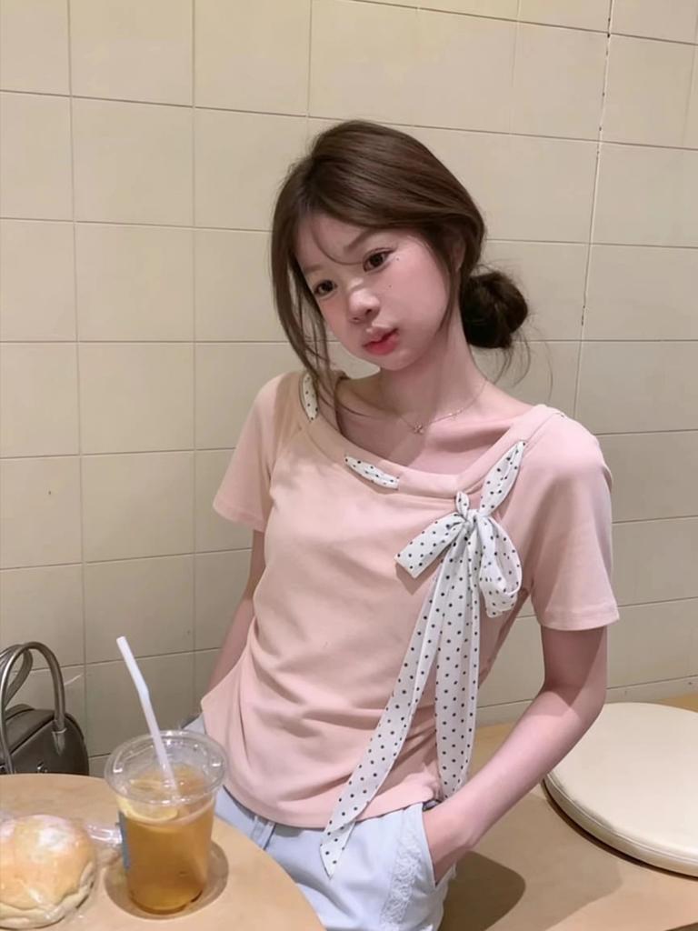 Korean Sweet and Spicy Pink Bow Streamer Short-sleeved T-shirt Women's Summer French Unique Design Sense Beautiful Small Top