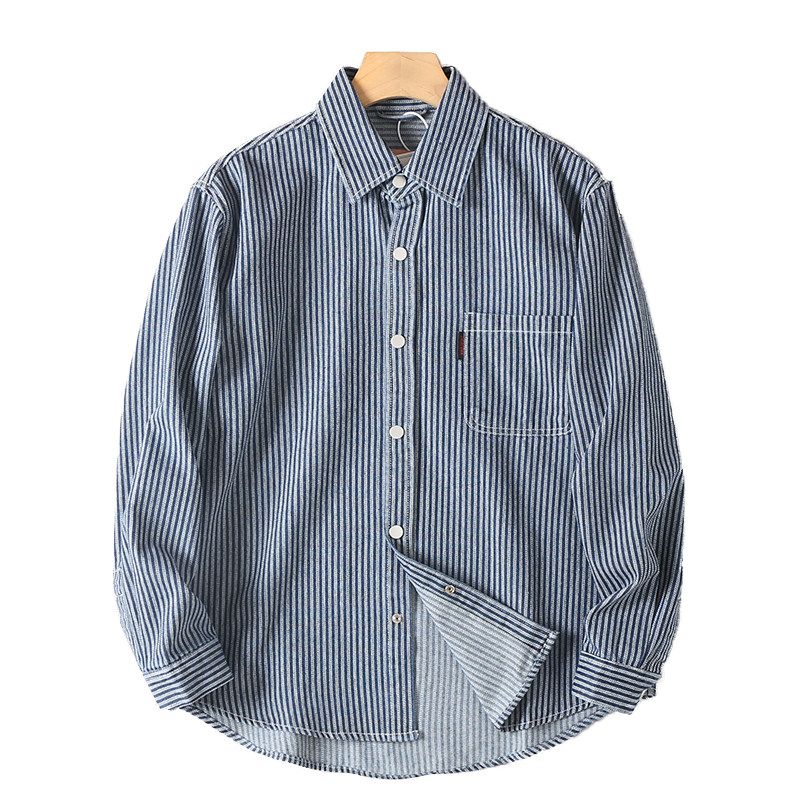 Japanese Retro Striped Denim Shirt for Men, Long-Sleeved, New Autumn Casual Loose Shirt, Men's Workwear Jacket, Trendy