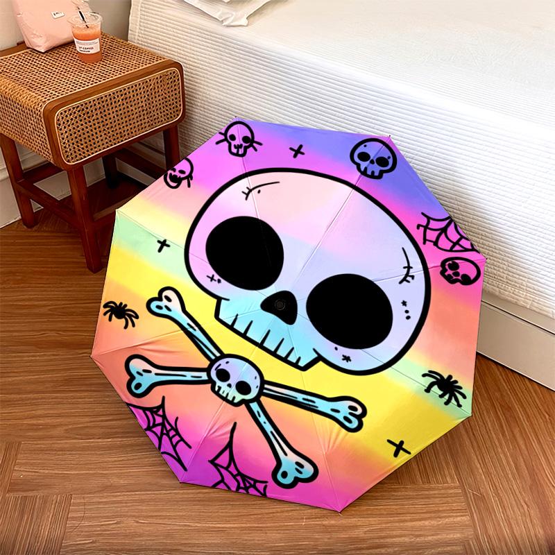 1 PC Automatic Folding Umbrella - Colorful Skulls Pattern, Portable & Foldable Design with 8 Ribs, Christmas Birthday Gifts