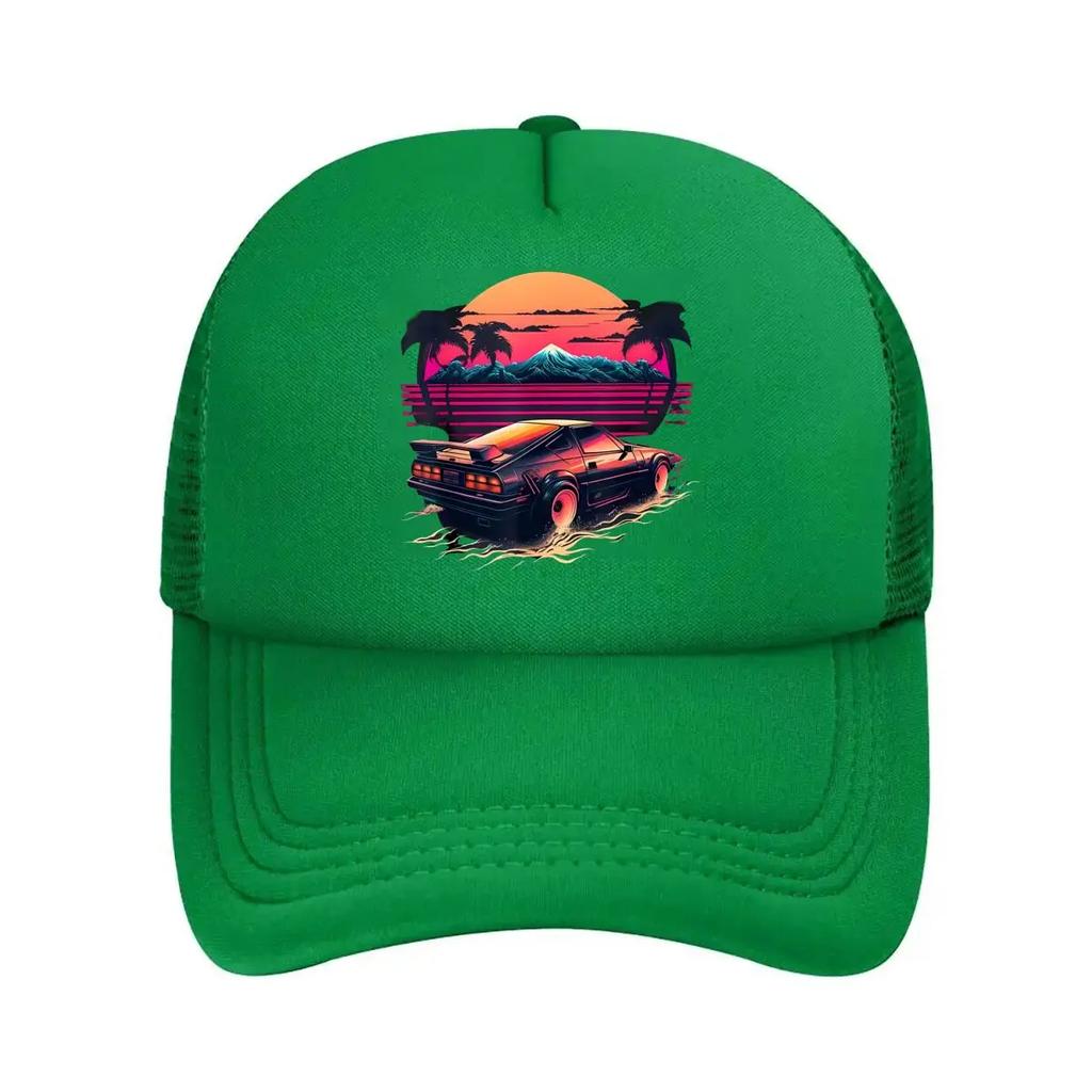 Retro  Style Car with Tropical Sunset Background Mesh Baseball Cap