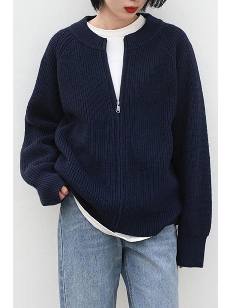 Men's Deep Blue Zip-Up Knit Cardigan: Japanese Lazy Style, Round Neck, Autumn/Winter, Loose Fit, Couple Sweater