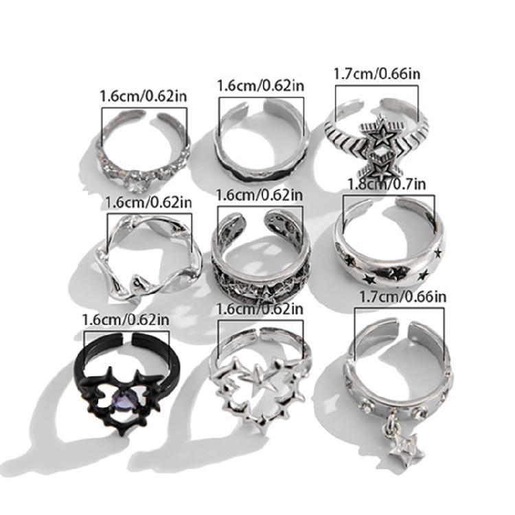 9pcs Stylish Gothic Rings Set for Men and Women Thorn Silver Collection with Unique Heart Snake and Skull Designs