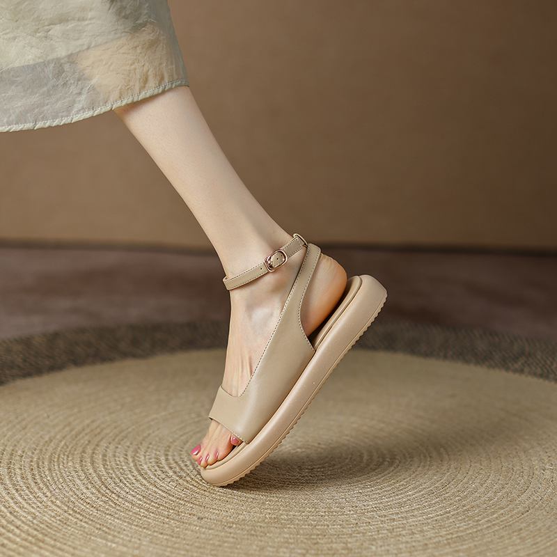 Krazing Pot Microfibră Peep Toe Tocuri joase Vară Platformă Plată Glezna Cataramă Femei Sandale de agrement