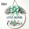 Indoor Outdoor Porch Ornament Christmas Wooden Welcome Sign for Front Door, Round Hanging with Seasonal Wall Art Artificial Pine Branches & Bow Decor