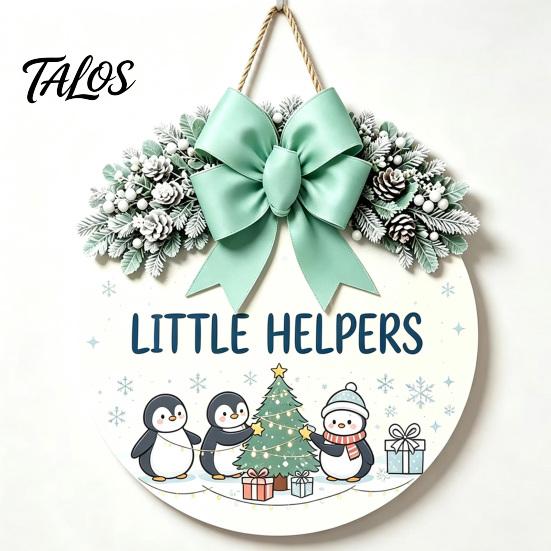 Indoor Outdoor Porch Ornament Christmas Wooden Welcome Sign for Front Door, Round Hanging with Seasonal Wall Art Artificial Pine Branches & Bow Decor