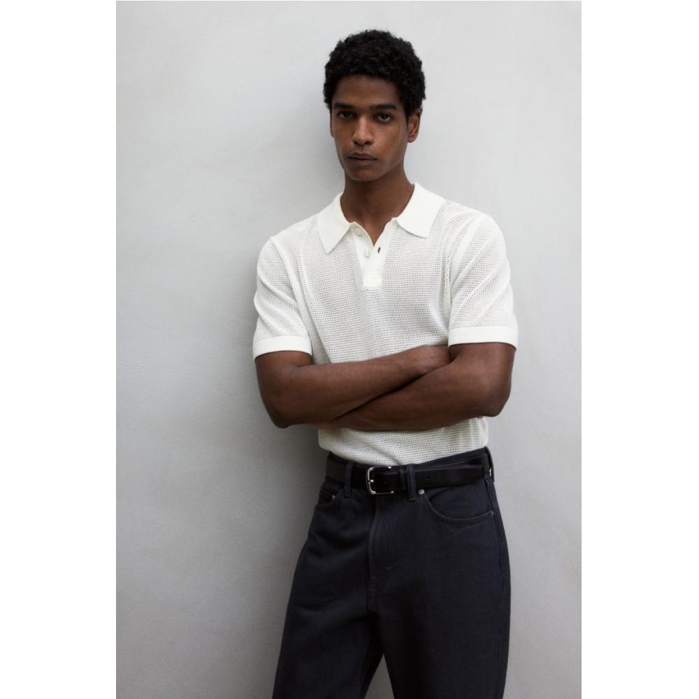 H M Regular Fit Hole Knit Polo sHirt wHite