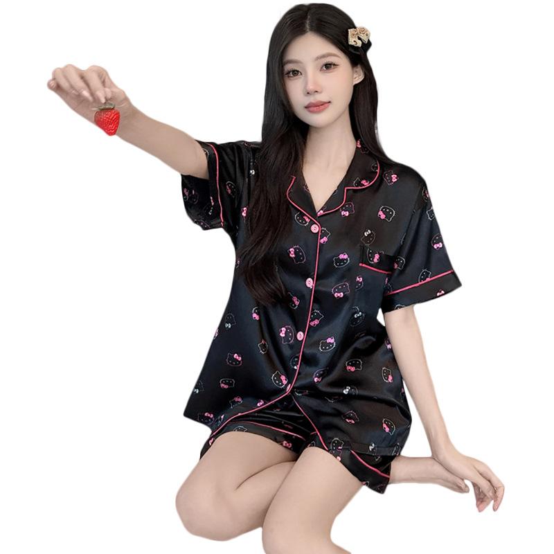 Summer Cartoon Kitty Printed Pajama Set Ice Silk Sweet Girl Short Sleeve Loungewear