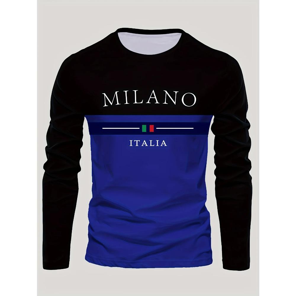 Vår och Höst Rundhals 3D Milano Italia Tryckt Topp Trendiga Casual Långärmade Herr T-shirts
