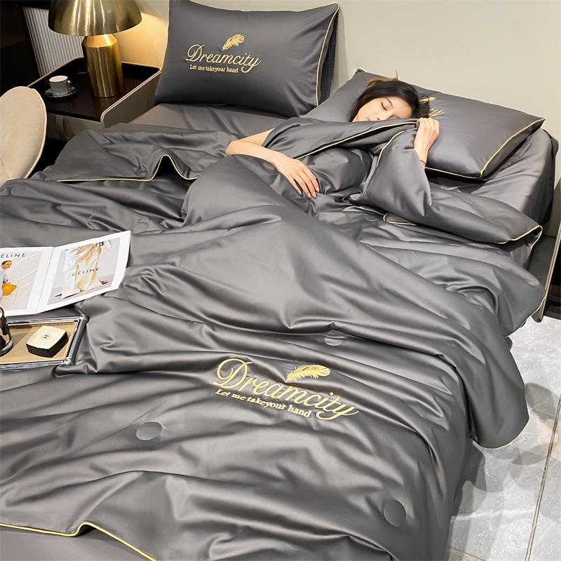 Gewaschenes Seiden-Tencel Sommer-Steppbett-Set - Besticktes Eis-Seiden-Vierteiler