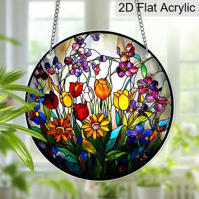 Acrylic Vibrant Mixed Flowers Suncatcher, Stained Glass Effect Window Hanging Ornament for Nature & Flower Lover Gifts