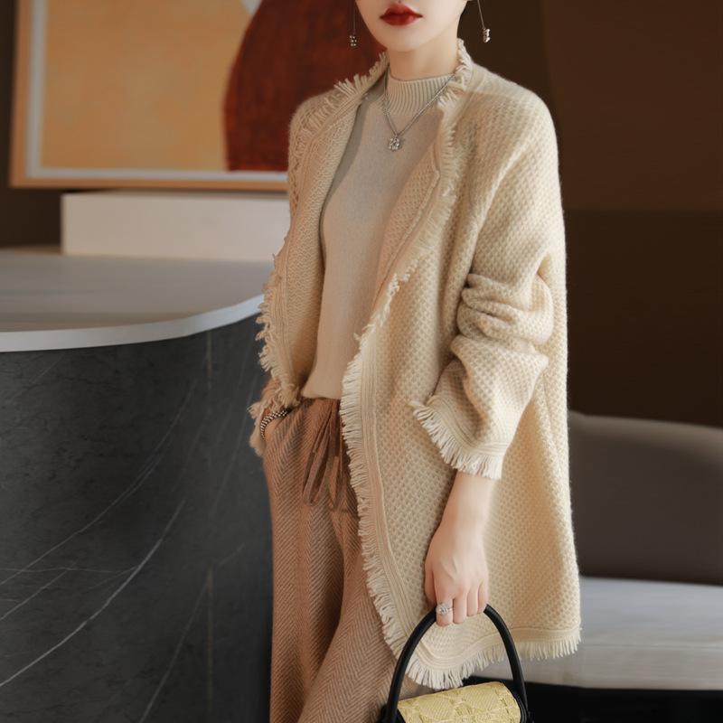 Korean New Soft Waxy Medium And Long Rough Edge Knitted Sweater Women'S Casual Lazy Style Small Sweater Cardigan Jacket Tide