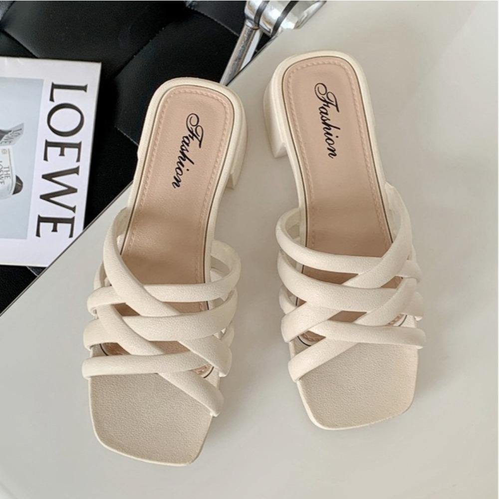 Fashion Slippers Women's 2025 Summer New Outer Wear Medium Heel Solid Color Hollow Casual Beach Thick Heel Cool Slippers Women's