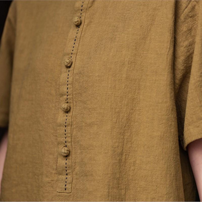 Johnature Women Vintage T-Shirts Stand Short Sleeve Summer Cloths Button Solid Color Loose T-Shirts