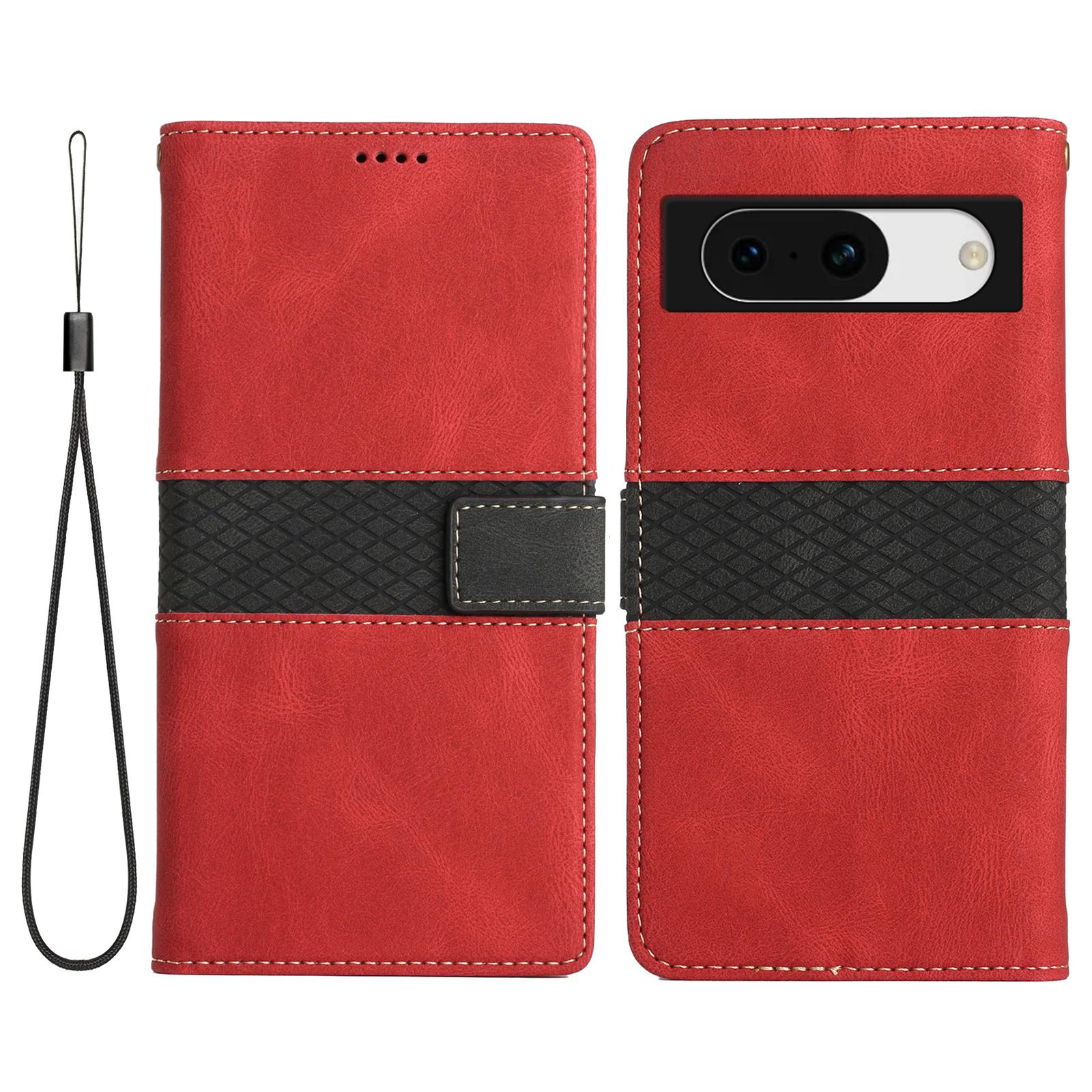 

For Google Pixel 8a Wallet Case Grid Splicing Phone Leather Cover Red