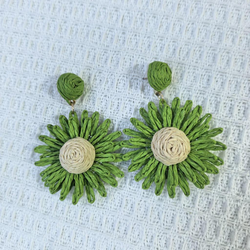 Handmade Raffia Flower Earrings with Steel Posts - Niche European & American Fashion Accessory